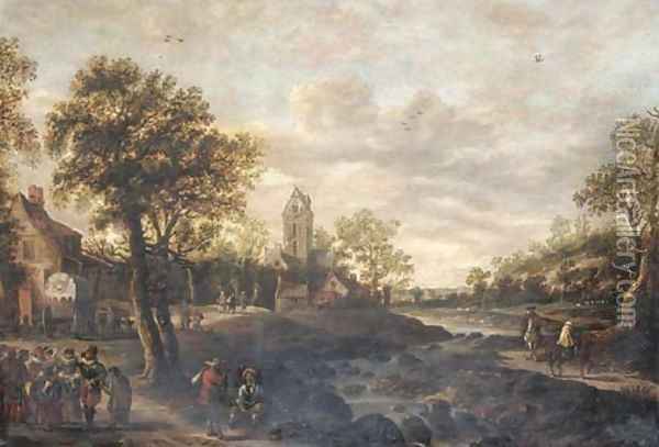 A river landscape with travellers approaching a village Oil Painting - Jan van Goyen