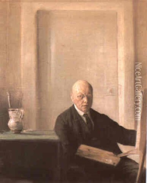 Portrait Of The Artist Seated At An Easel Oil Painting - Carl Vilhelm Holsoe