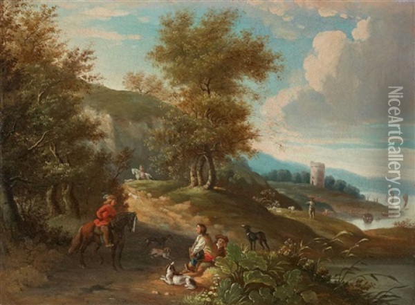 Landschaft Mit Reitern Und Anglern Oil Painting - Christian Georg Schuetz the Younger