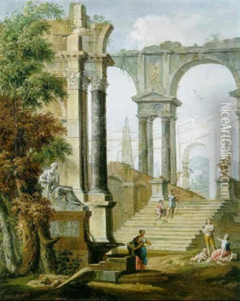 Romische Phantasiearchitektur Mit Arkaden Oil Painting - Giovanni Paolo Panini