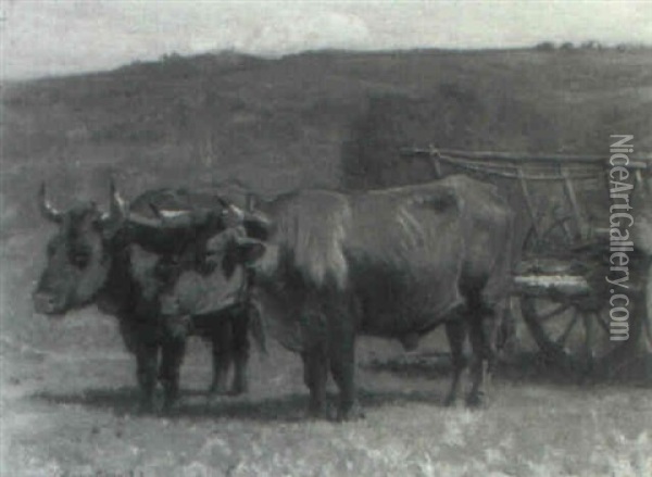 Oxen And Cart In The Field Oil Painting - John Joseph Enneking