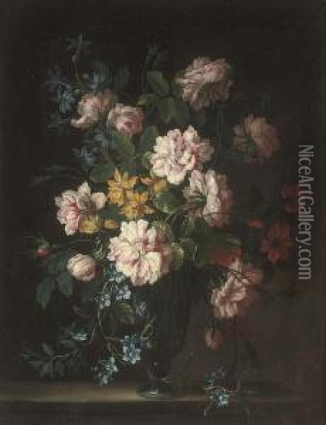 Roses, Aquilegia, Bluebells And Other Flowers In A Glass Vase On Astone Ledge Oil Painting - Nicolas Baudesson