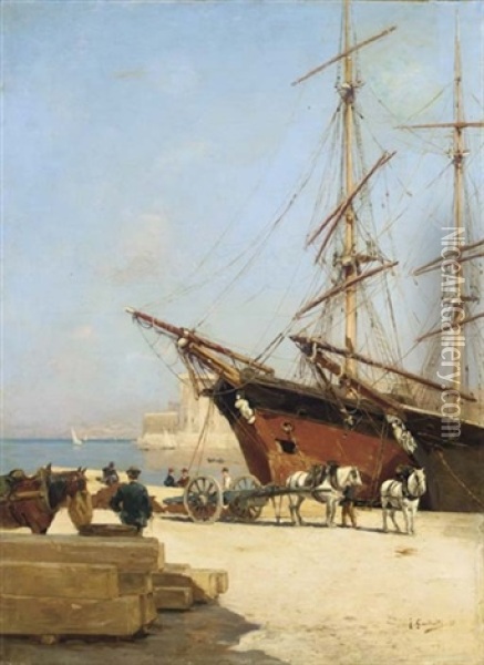 Le Vieux Port De Marseille, Avec Le Fort Saint-jean En Arriere Plan Oil Painting - Joseph Garibaldi