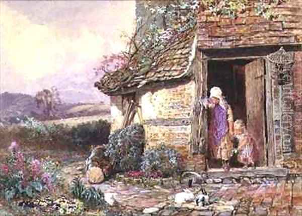 At the Cottage Door Oil Painting - Myles Birket Foster