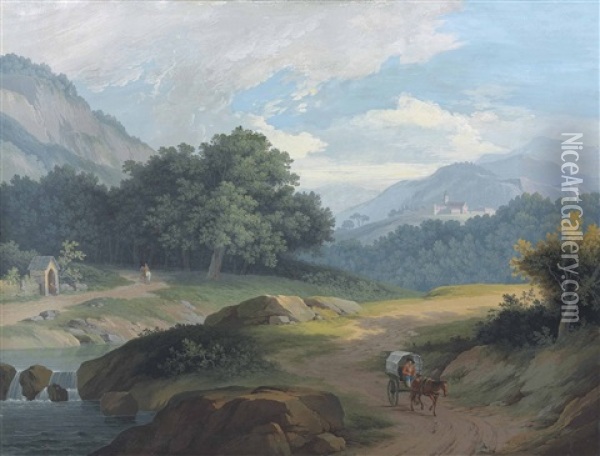 A Man In A Wagon By A River, A Church With A Monastery In The Distance Oil Painting - Jean-Antoine Linck