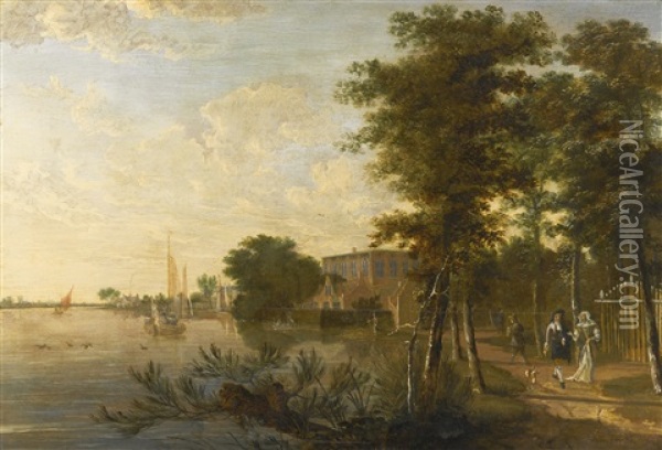 Elegant Figures On A Path By A River Oil Painting - Jan Gabrielsz Sonje