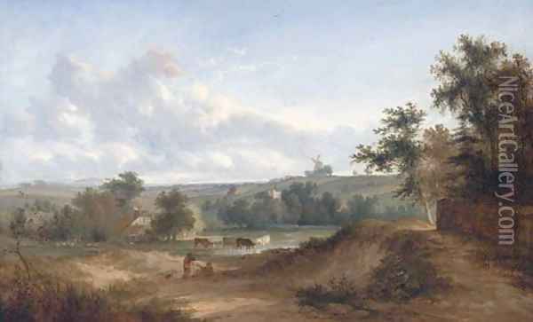 Drovers resting in an extensive landscape, a windmill beyond Oil Painting - Henry John Boddington