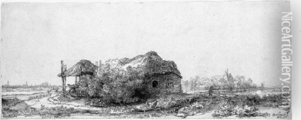 Landscape With A Cottage And Haybarn: Oblong (b., Holl.225; H.177; Bb.41-a) Oil Painting - Rembrandt Van Rijn