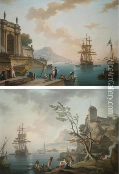 Morning: A View Of A 
Mediterranean Port At Sunrise With Figures Gathered On The Nearside 
Quay; Evening: A View Of A Mediterranean Port At Dusk, With Figures 
Unloading Cargo From A Rowing Boat Onto The Shore Oil Painting - Charles Francois Lacroix de Marseille