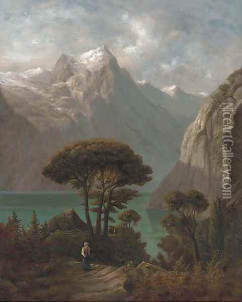 A figure on a beaten track by a lake, with mountains beyond Oil Painting - Alexander Calame