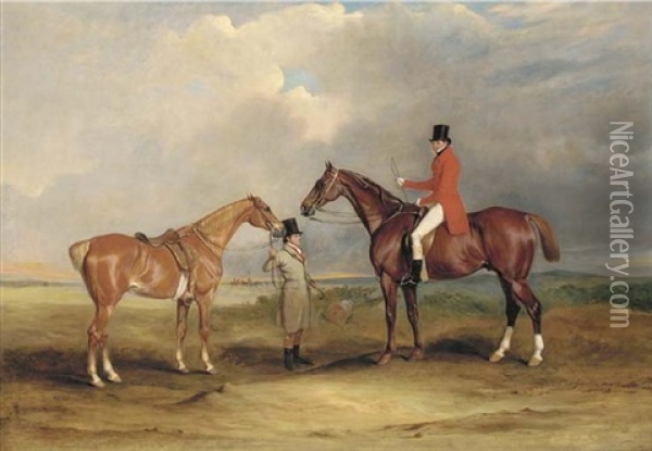 Portrait Of John Drummond On A Hunter, With A Groom Holding His Second Horse, In A Landscape, A Hunting Party Beyond Oil Painting - John E. Ferneley