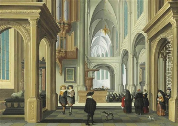 A Church Interior With Elegant Company Attending A Christening Oil Painting - Dirck Van Delen