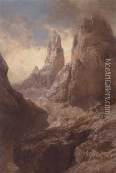 Der Winklerturm Von Der Vashutte Aus (vajoletturme Im Rosengarten Bei Bozen) Oil Painting - Edward Theodore Compton