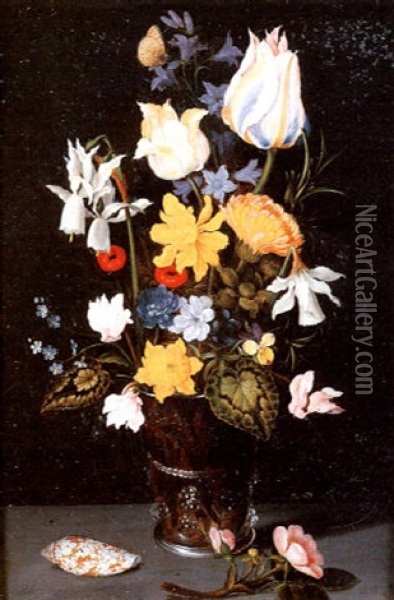 Bouquet De Fleurs Dans Un Vase En Verre Oil Painting - Balthasar Van Der Ast