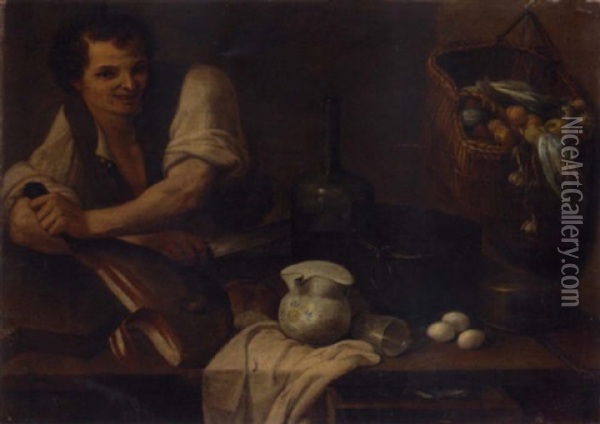 A Kitchen Interior With A Serving Boy Slicing Prosciutto, A Basket Of Vegetables Hanging From The Wall, Bread, And Other Objects Oil Painting - Carlo Magini