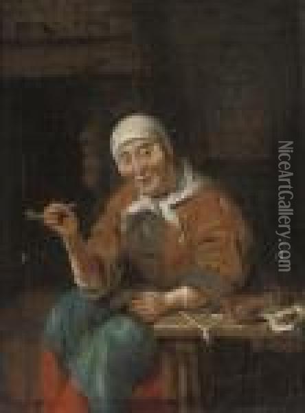 An Old Woman Seated At A Table, Smoking A Pipe, In An Interior Oil Painting - Gabriel Metsu