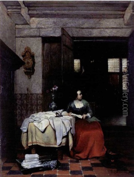 Lady In An Interior Oil Painting - Hubertus van Hove