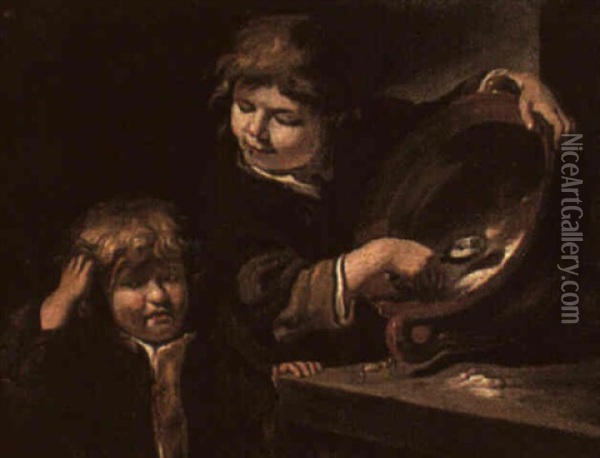 Two Boys With An Earthenware Bowl Oil Painting - Bernhard Keil