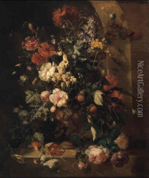 Still Life Of Roses, Opium Poppies...in Terra Cotta Vase On A Ledge Oil Painting - Albertus Steenbergen