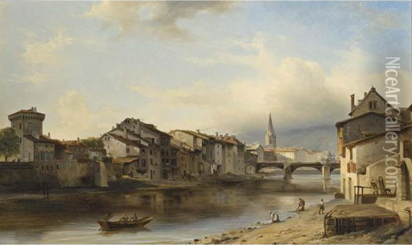 A Town By A River Oil Painting - Theodore Gudin