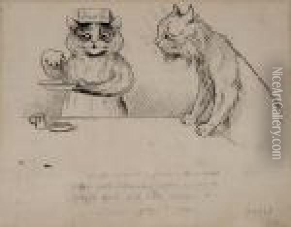 Nurse Cat Mixing A Concoction With Patient Lookingon Oil Painting - Louis William Wain