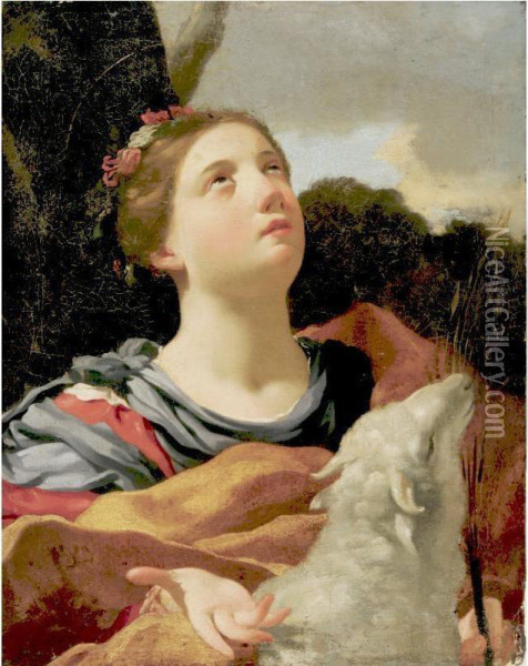 St. Agnes With The Lamb Oil Painting - Michel Dorigny