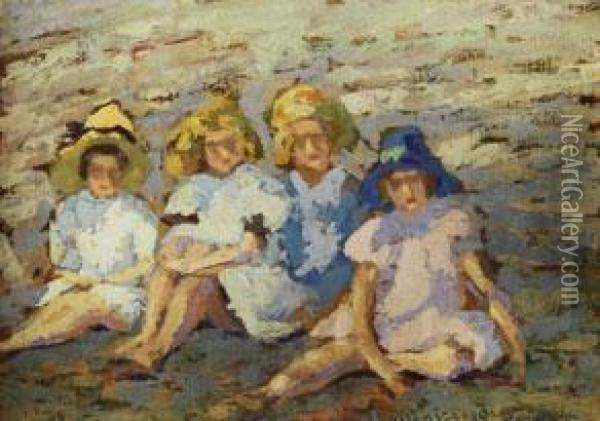 Vier Junge Madchen In Sommerkleidern Am Strand Oil Painting - Jan Bohuszewicz