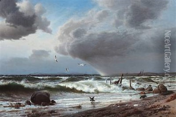 Coastal Scene With A Rainbow Oil Painting - Helmuth Dirckinck-Holmfeld