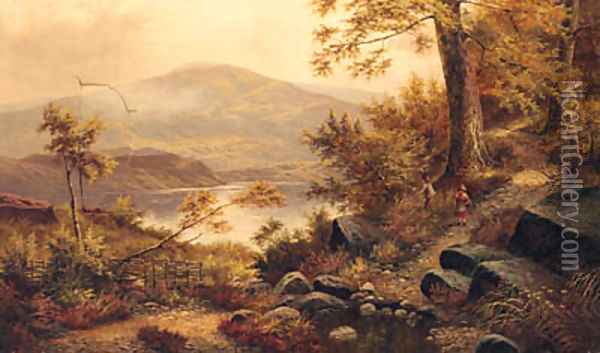 Children On A Wooded Path In A Mountainous Lake Landscape Oil Painting - English School