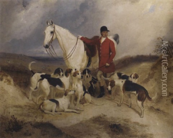 Dick Burton, Master Of The Tedworth Hunt, With His Hunter And Hounds, In An Extensive Landscape Oil Painting - Charles Bilger Spalding