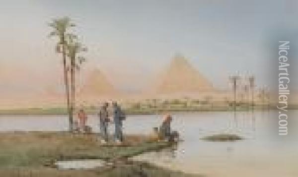 View Of The Pyramids At Giza; View Of Thesphinx With The Pyramids Beyond Oil Painting - Spyridon Scarvelli