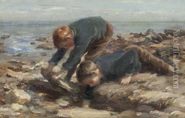 Boys Playing In A Rock Pool Oil Painting - William Mason Brown