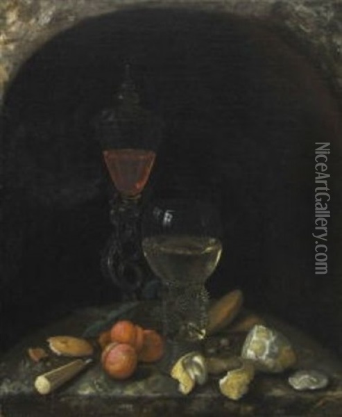 Stillleben Mit Glaspokal, Weinromer, Aprikosen, Zitrone Und Geback Oil Painting - Georg Hainz