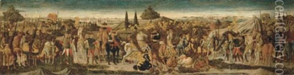 A Battle Scene (a Cassone Front) Oil Painting - Giovanni di Ser Giovanni di (lo Scheggia) Simone