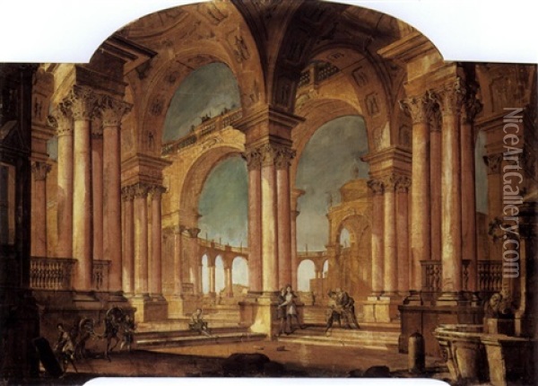 Architectural Capriccio With Figures In A Portico (collab. W/vittorio Maria Bigari) Oil Painting - Pietro Paltronieri