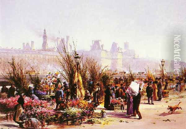 Le Marche Aux Fleurs A Paris Oil Painting - Georges Fraipont