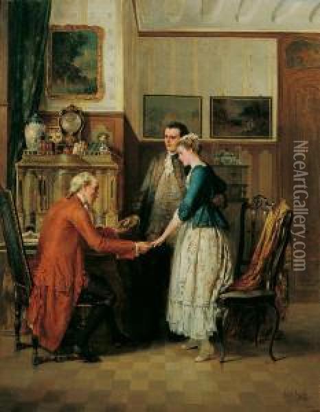 Die Verlobung. Das Junge Paar Vor Dem Brautvater Stehend Oil Painting - Carl Heinrich Hoff