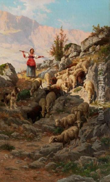 Junge Italienische Schaferin Mit Ihrer Herde Im Apennin-gebirge Oil Painting - Pietro Barucci