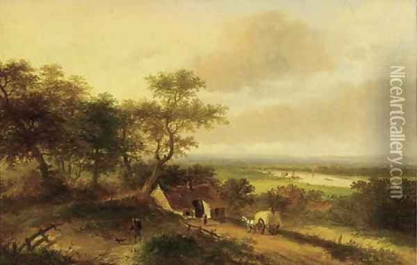 A haycart by a farm in a panoramic river landscape Oil Painting - Jan Evert Morel