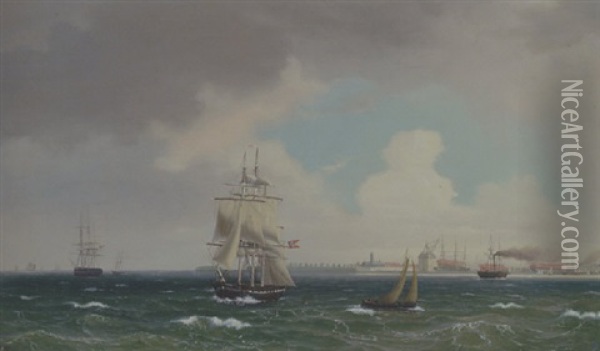 Skibe Ud For Kobenhavns Havn, Med Christian Iv's Mastekran Oil Painting - Hans Emil Jahn