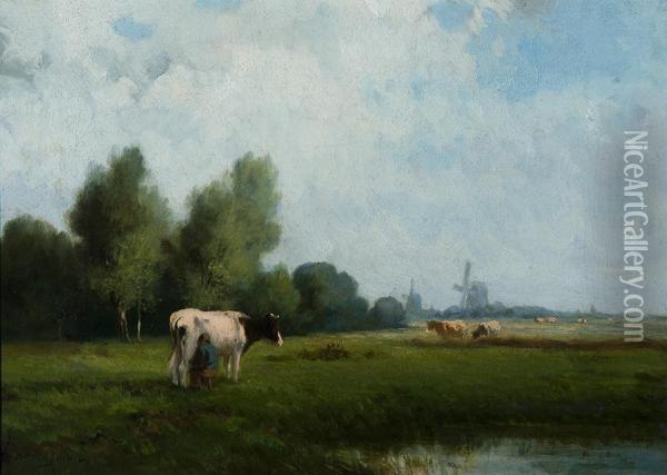 Milking Farmer In Meadow Oil Painting - Hermanus Charles Christiaan Bogman