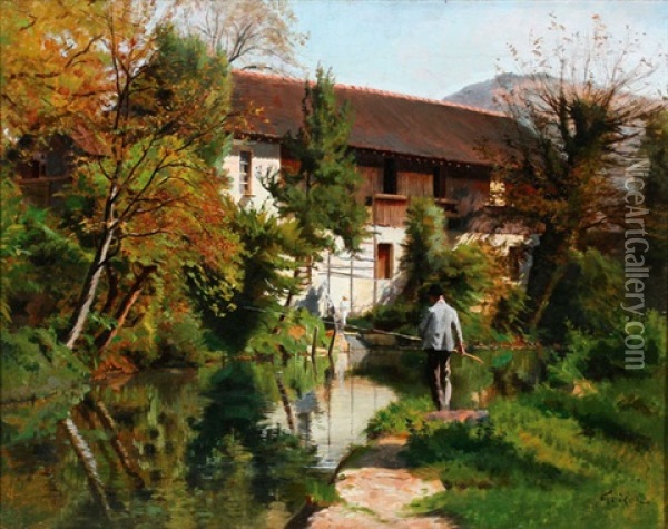 Fishing By A Country House Oil Painting - Francois Adolphe Grison