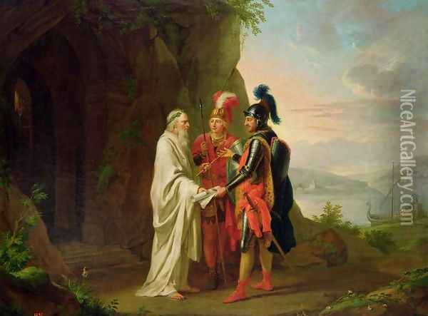 Carlo and Ubaldo visit the Wizard in their search for the lost Rinaldo, 1782 Oil Painting - Johann Heinrich The Elder Tischbein