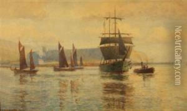 Shipping Off A Harbour Oil Painting - G.B. Percy Spooner-Lillingston