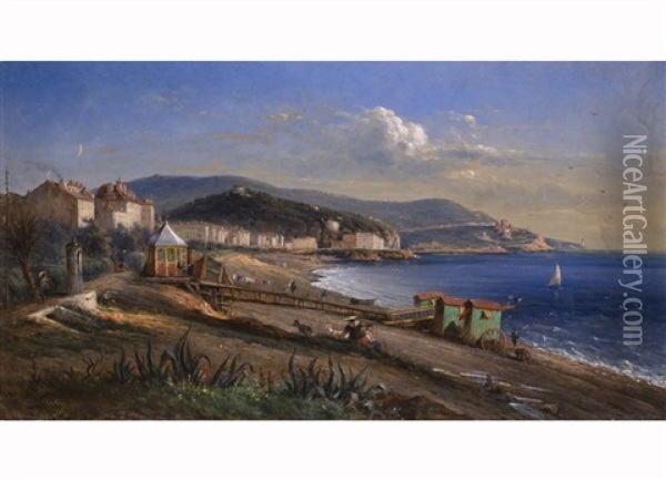 Uferlandschaft Mit Am Strand Stehenden Badekarren In Der Bucht Von Nizza Oil Painting - Jean-Joseph-Jules Defer