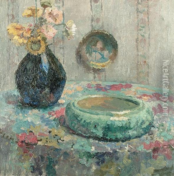 Still Life Of Flowers In A Blue Vase Oil Painting - Jules Merckaert