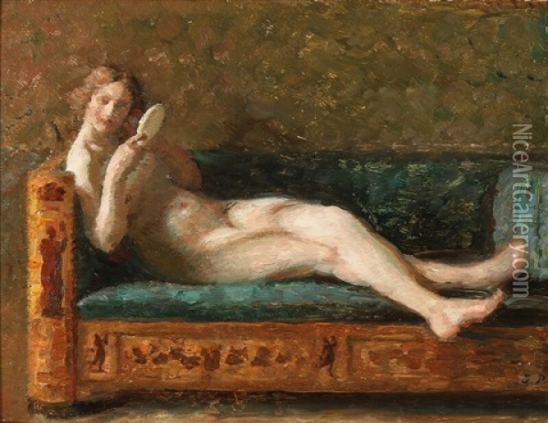 A Nude On A Green Sofa Looking At Her Reflection In A Mirror Oil Painting - Julius Paulsen