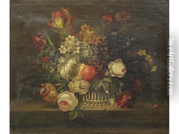 Roses, Narcissi, Primulae And Other Flowers In A Wicker Basket On A Table Top Oil Painting - Cornelis van Spaendonck