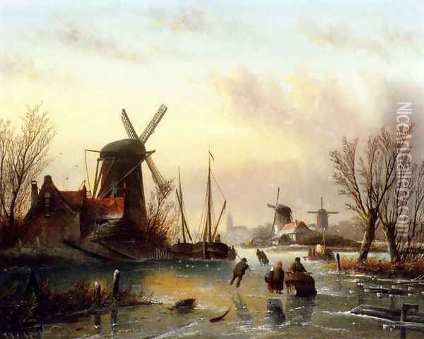 A Frozen River Landscape Oil Painting - Jan Jacob Coenraad Spohler