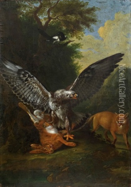 Greifvogel, Hase, Fuchs Und Elster In Bewaldeter Landschaft Oil Painting - Philipp Ferdinand de Hamilton